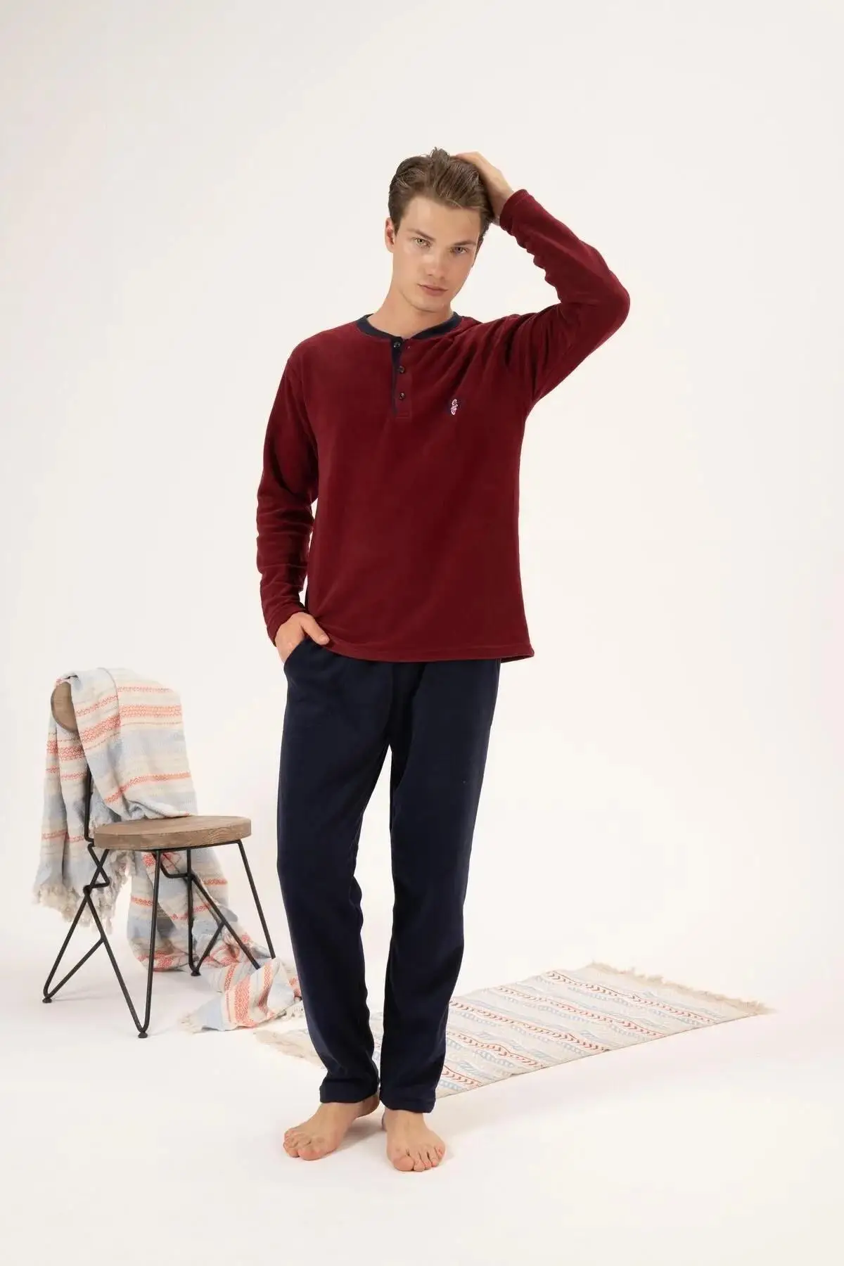 Estiva 24421 Erkek Kışlık Polar Düğmeli Yaka Pijama Takımı - BORDO