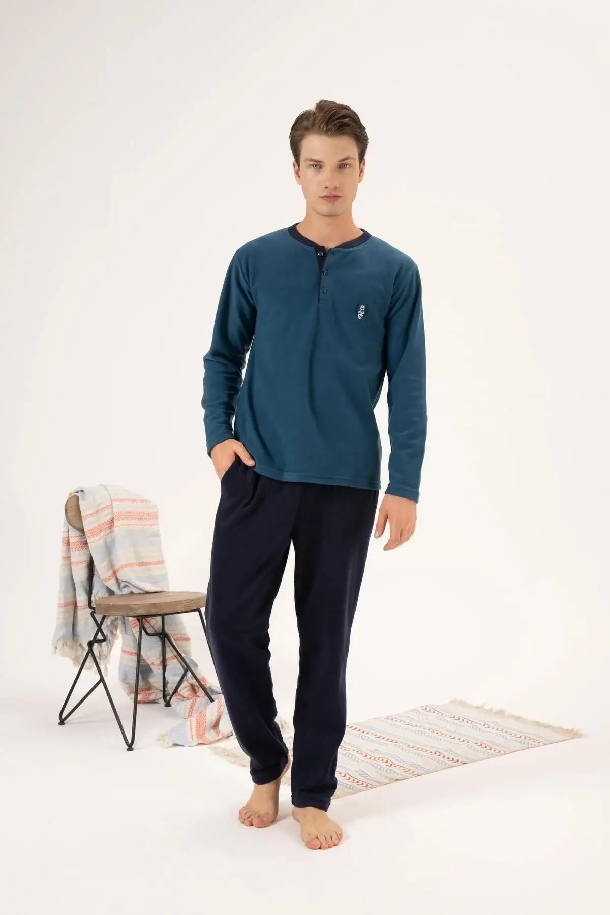 Estiva 24421 Erkek Kışlık Polar Düğmeli Yaka Pijama Takımı - MAVİ
