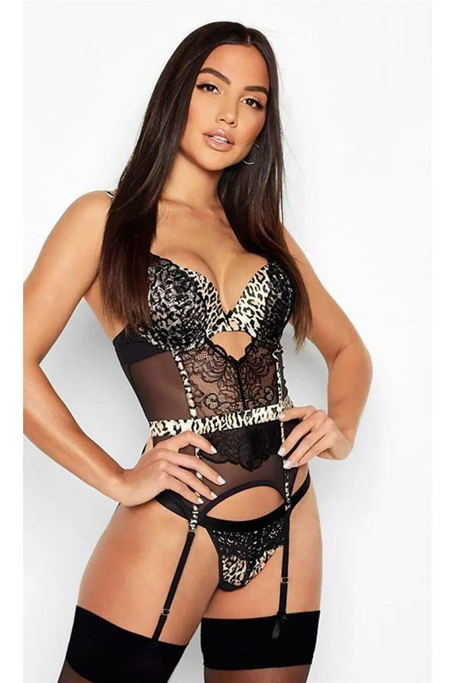 For Dreams 8351 Leopar Desen Fantazi Dantelli Jartiyerli Babydoll Takım - KAHVERENGİ