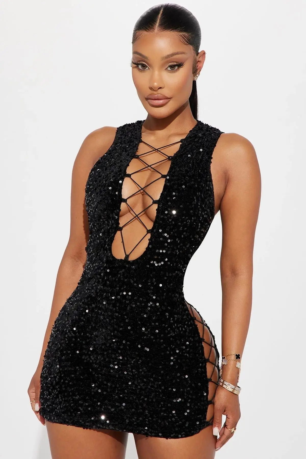 For Dreams 8484 Korse Detaylı Pullu Fantazi Mini Elbise - SİYAH