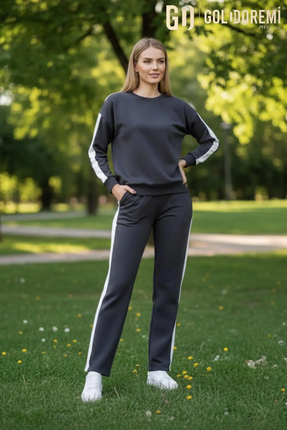 Gd Goldoremi 040 Modal Kadın Şerit Detaylı Kolları Manşetli Bol Kesim Eşofman Takım
