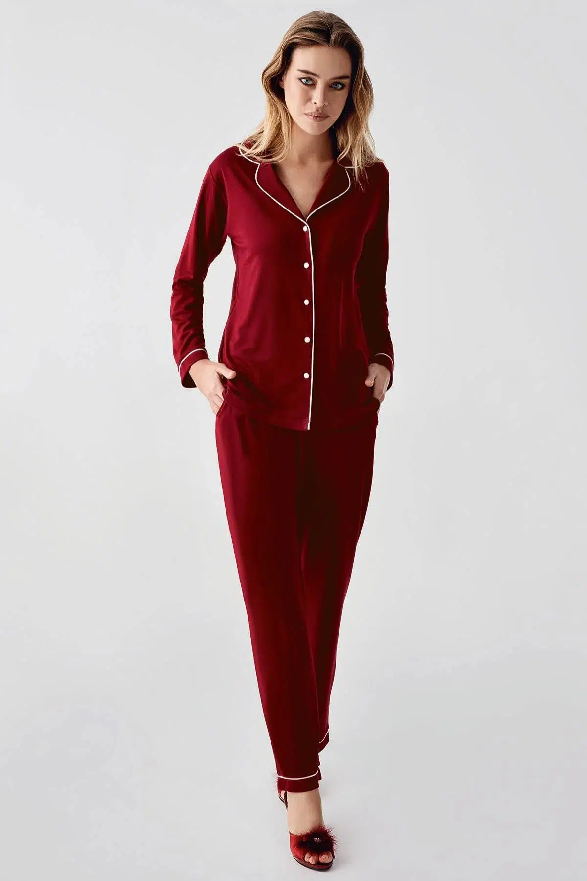 Gd Goldoremi 1035 Kadın Penye Gömlek Yaka Önden Düğmeli Gecelik Uzun Kollu Pijama Takım - BORDO