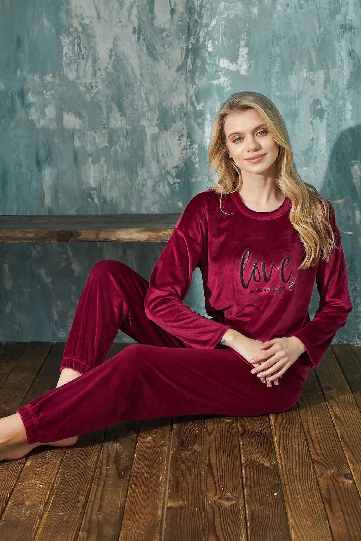 Gd Goldoremi 13112-4 Kadın Kadife Bisiklet Yaka Pijama Takımı Uzun Kollu - BORDO