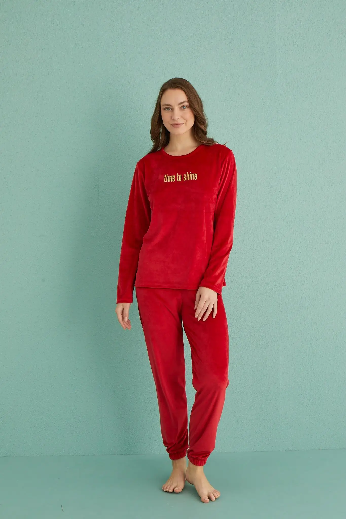 Gd Goldoremi 13164-20 Kadın Time To Shine Kadife Pijama Takım - KIRMIZI