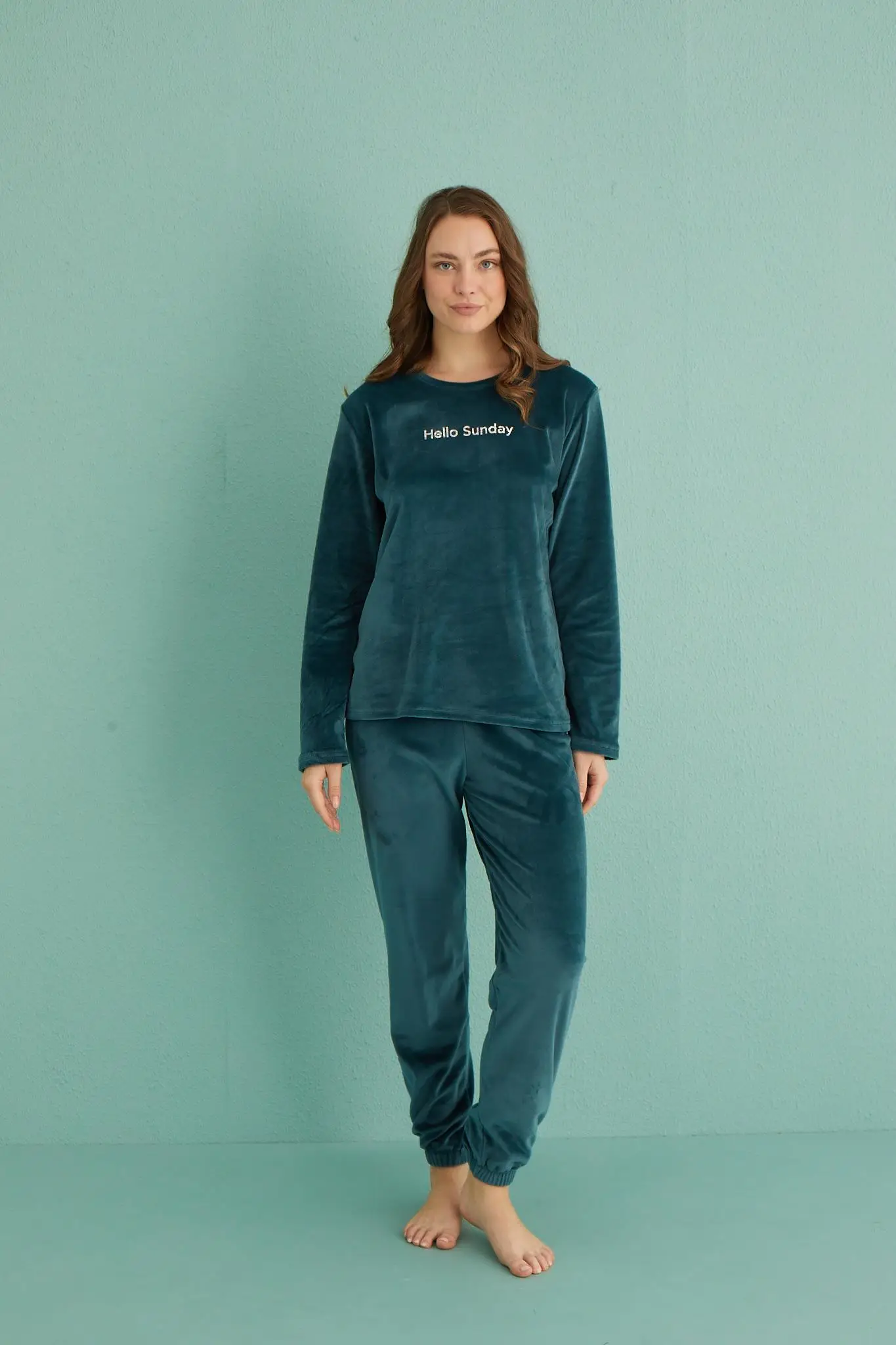 Gd Goldoremi 13164-6 Kadın Hello Sunday Kadife Pijama Takım - PETROL