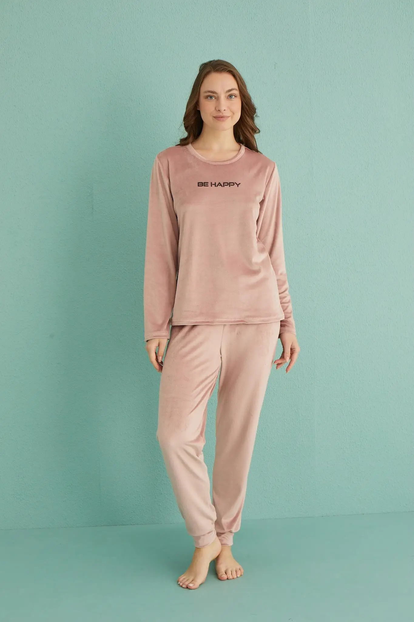 Gd Goldoremi 13165-9 Kadın Be Happy Kadife Manşetli Pijama Takım - PUDRA
