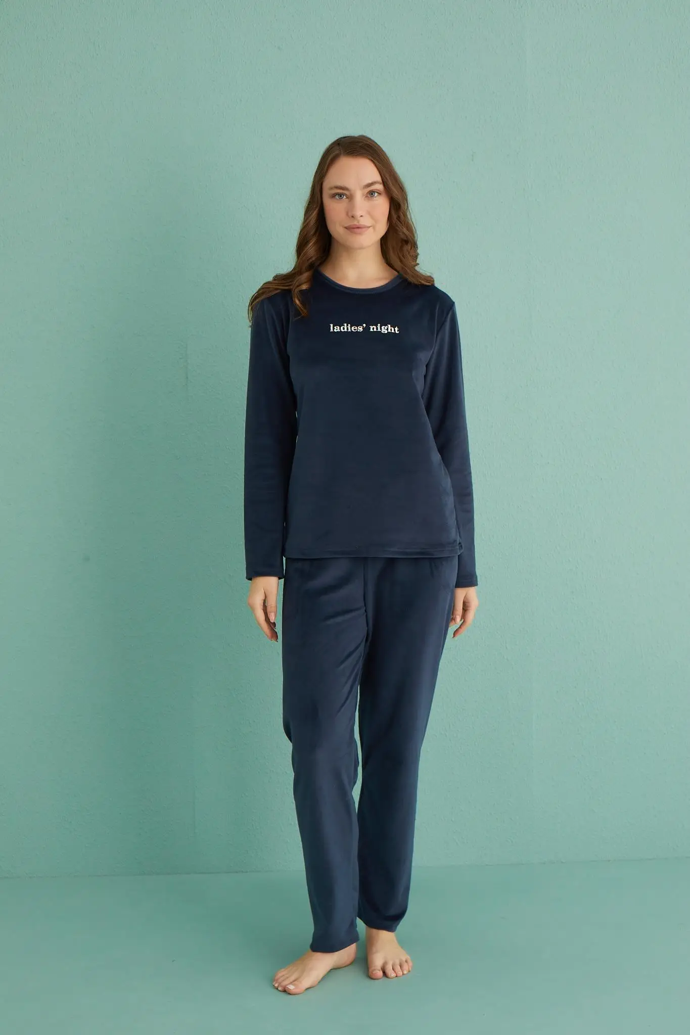 Gd Goldoremi 13166-11 Kadın Ladies Night Kadife Uzun Kol Pijama Takım - LACİVERT