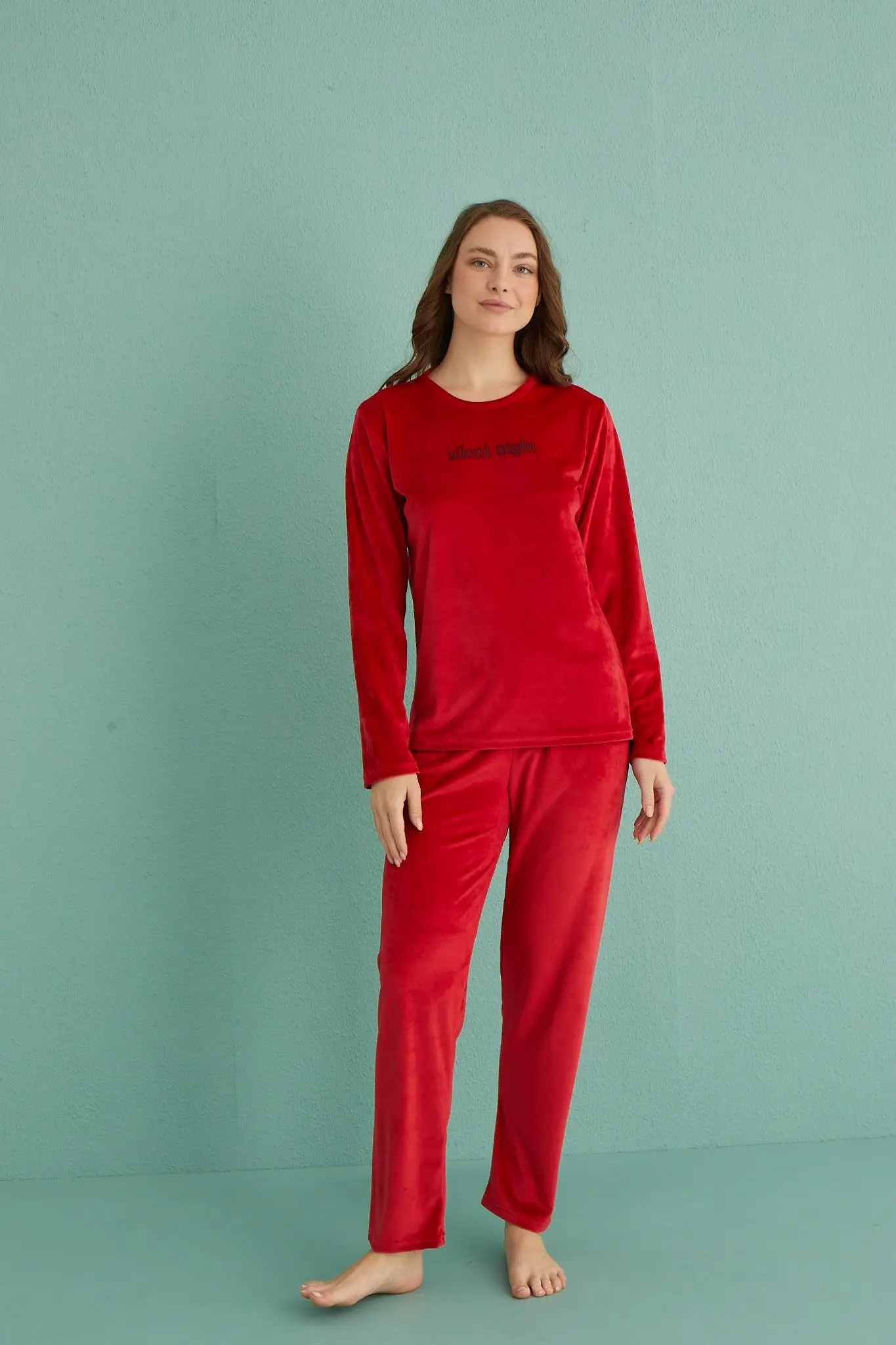 Gd Goldoremi 13166-18 Kadın Slient Night Kadife Uzun Kol Pijama Takım - KIRMIZI