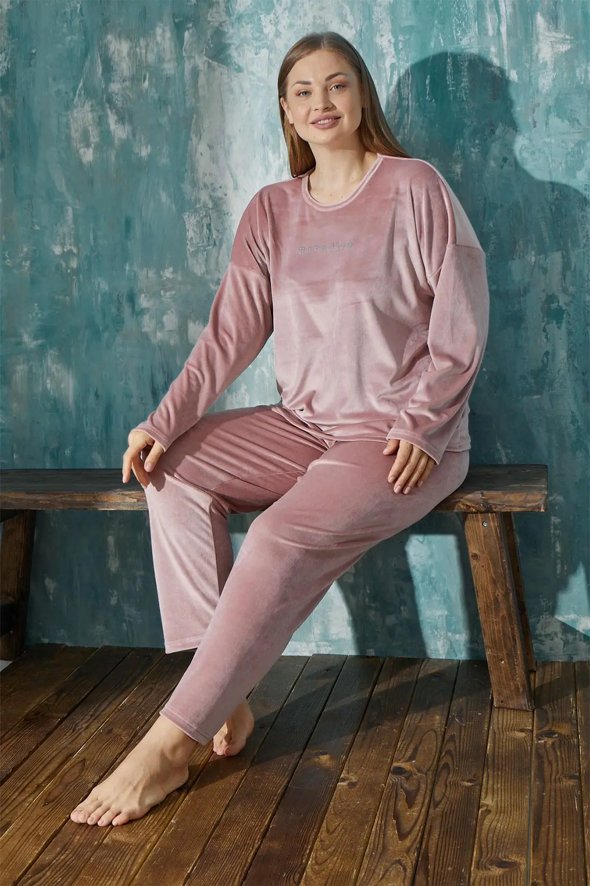 Gd Goldoremi 13208-4 Kadın Büyük Beden Kadife Uzun Kollu Pijama Takımı - PUDRA