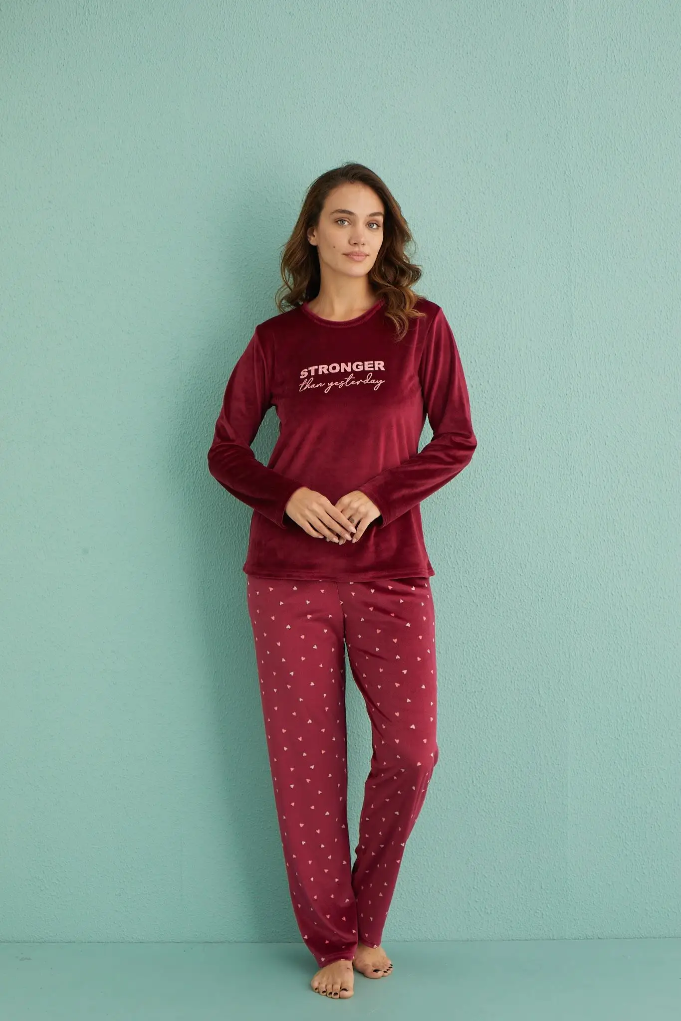 Gd Goldoremi 13309-5 Kadın Stronger Uzun Kol Kadife Pijama Takım - BORDO