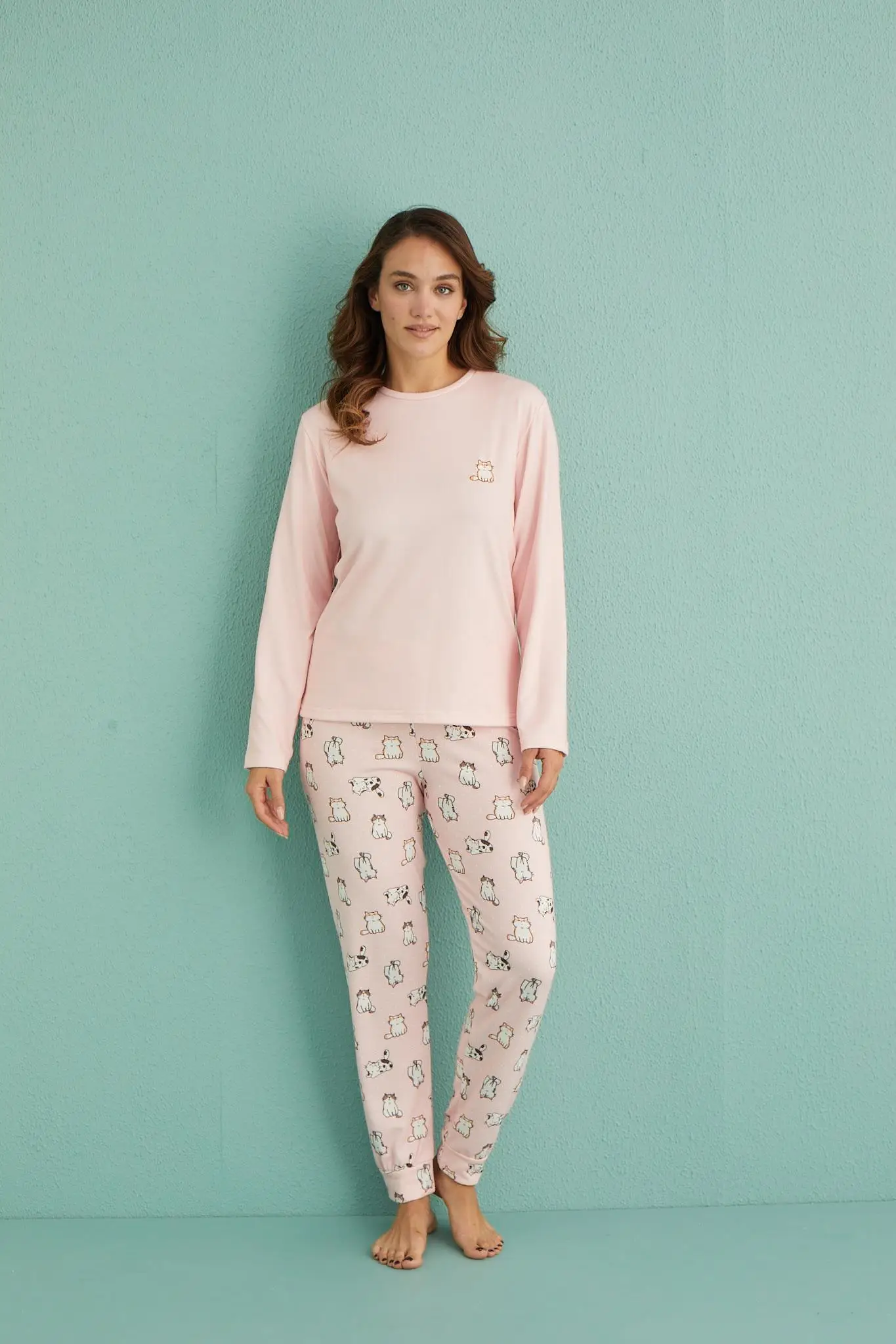 Gd Goldoremi 14101-5 Kadın Kedi Desenli Termal Kumaş Uzun Kol Pijama Takım - PEMBE
