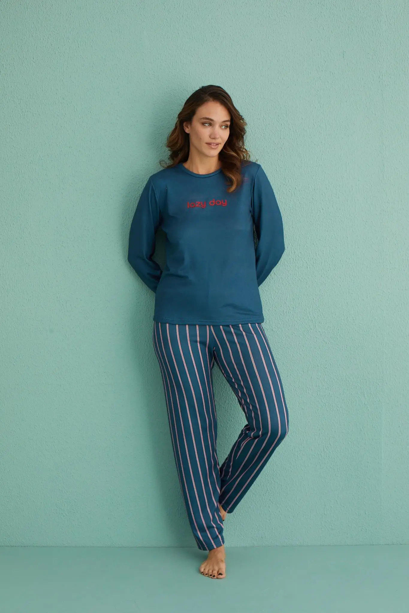 Gd Goldoremi 14102-4 Kadın Lazy Day Kadife Uzun Kol Çizgili Termal Pijama Takım - LACİVERT
