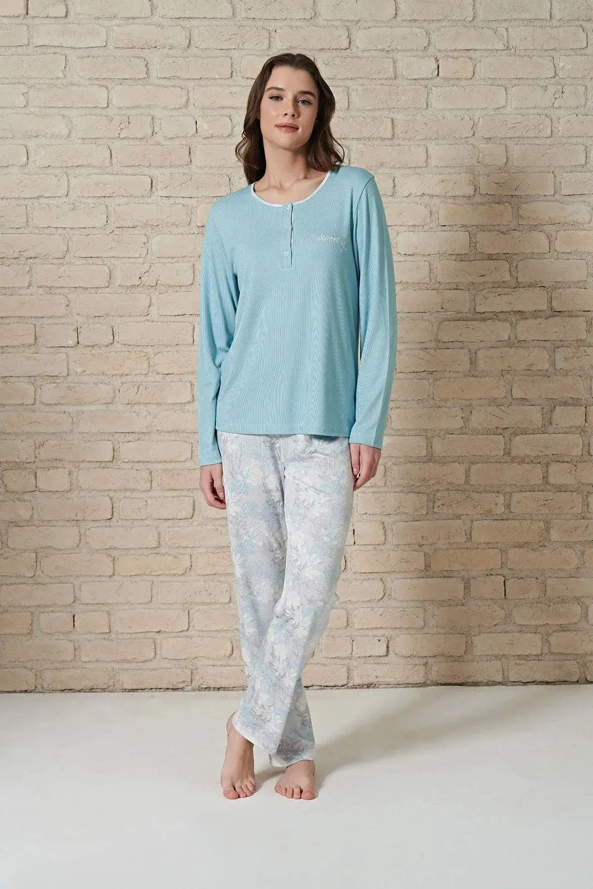 Gd Goldoremi 1722 Kadın Uzun Kollu Çiçek Desenli Pijama Takım - MAVİ
