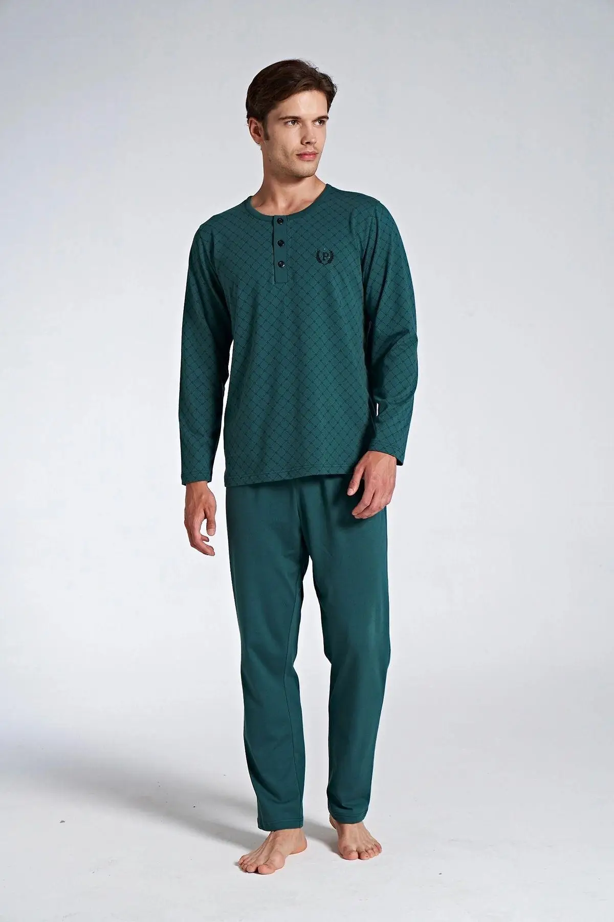 Gd Goldoremi 1750 Büyük Beden Erkek %100 Pamuklu Uzun Kollu Pijama Takım - YEŞİL