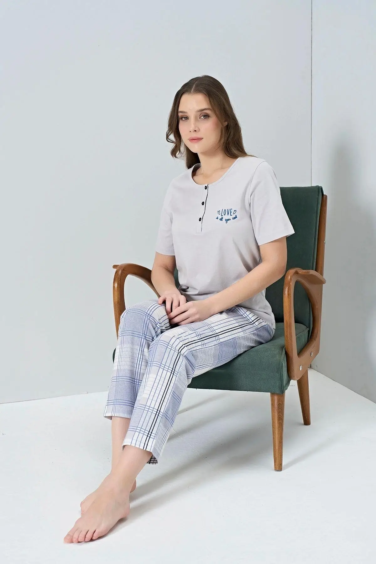 Gd Goldoremi 1853 Kadın Kısa Kollu Ekoseli Pijama Takım - MAVİ