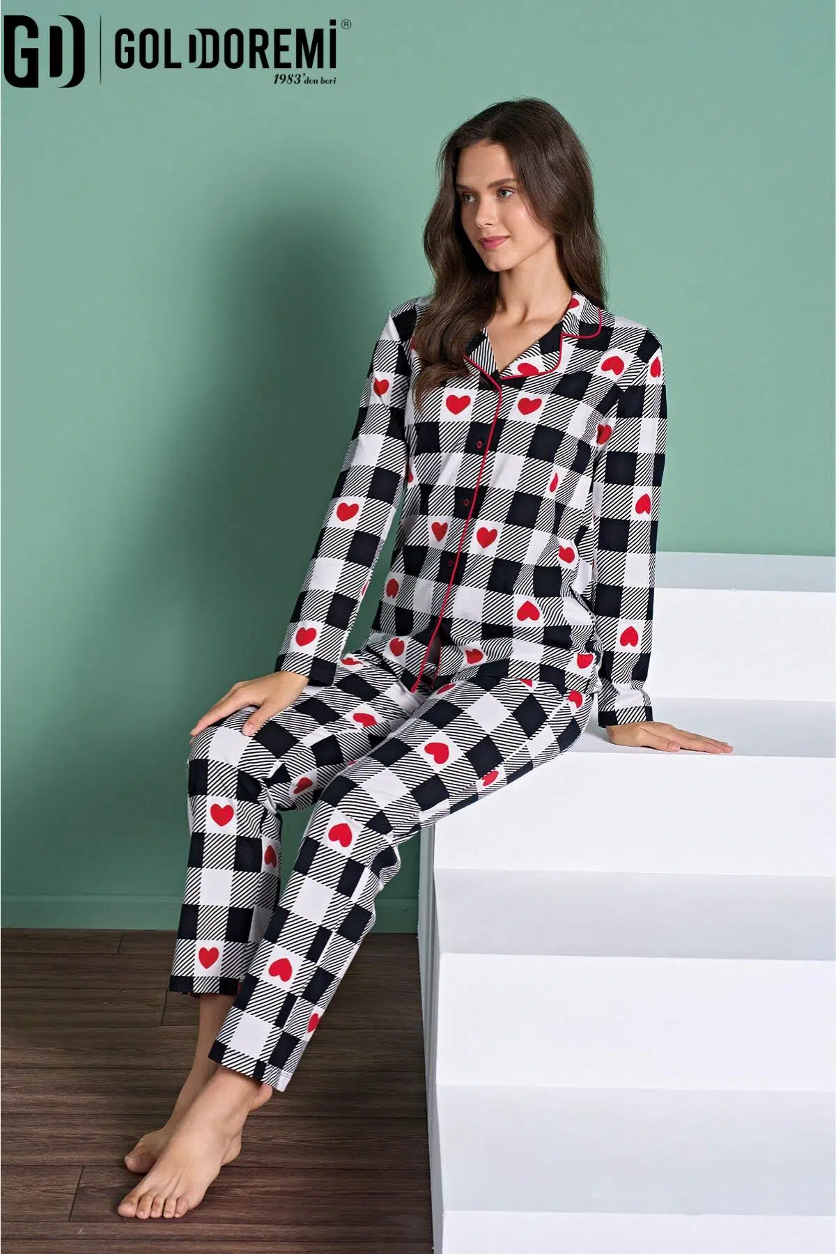 Gd Goldoremi 1958 Kadın Gömlek Yaka Önden Düğmeli Kalpli Ekoseli Uzun Kollu Pijama Takım