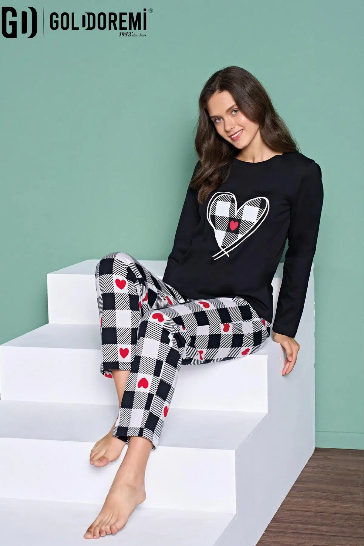 Gd Goldoremi 1959 Kadın Yuvarlak Yaka Kalpli Ekoseli Uzun Kollu Pijama Takım