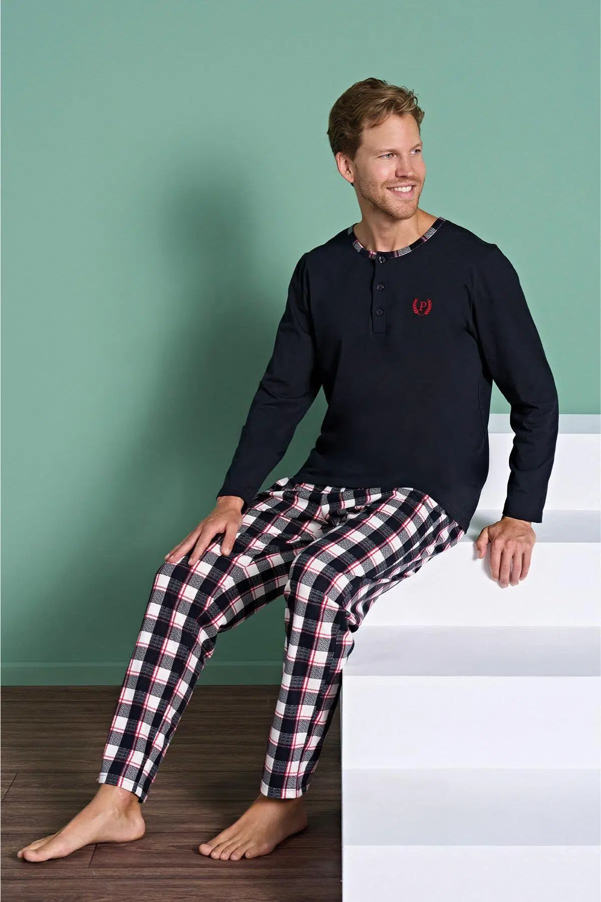 Gd Goldoremi 1963 Erkek Düğmeli Ekoseli Uzun Kollu Pijama Takım