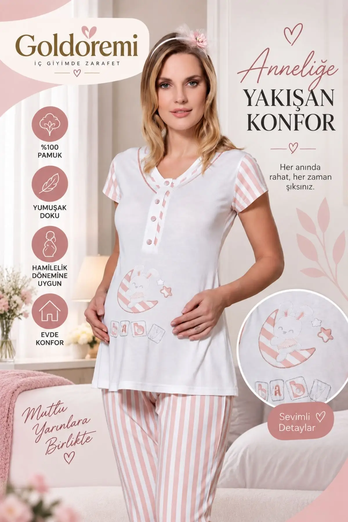 Gd Goldoremi 24-284 Kadın Lohusa Kısa Kollu Çizgili Hamile Pijama Takım