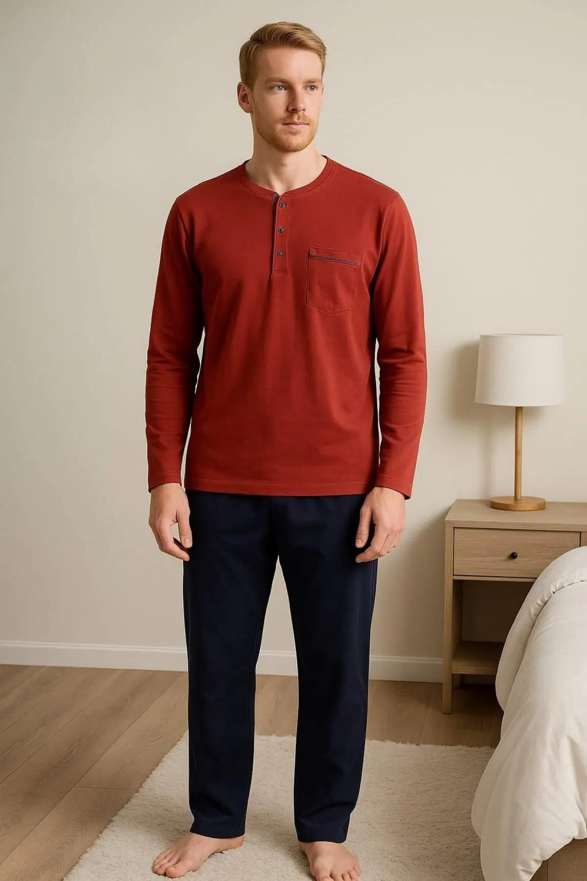 Gd Goldoremi 28301 Erkek 4 Mevsim Rahat Pamuklu Süprem Kumaş Uzun Kollu Pijama Takım