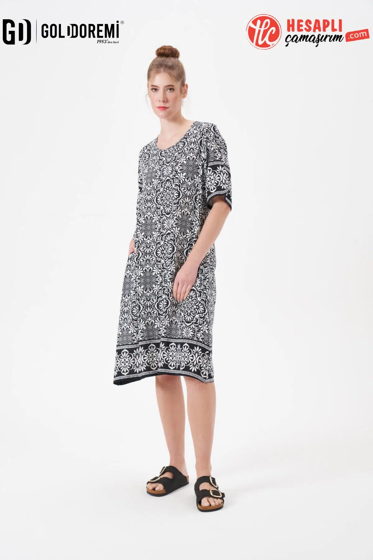 Gd Goldoremi 29062 Premium Kadın Kısa Kollu Rahat Kalıp Desenli Elbise - SİYAH