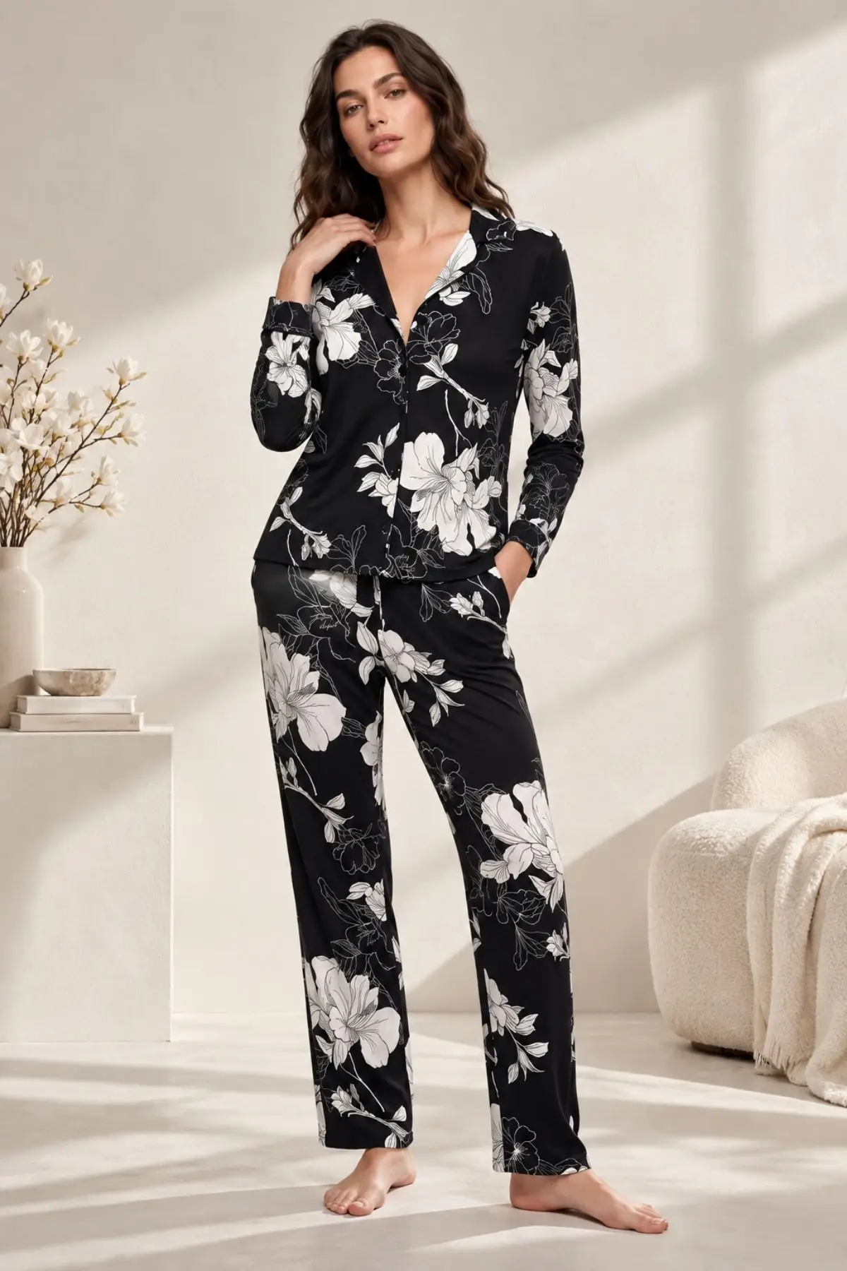 Gd Goldoremi 30163 Kadın Premium Uzun Kollu Önden Düğmeli Pijama Takım