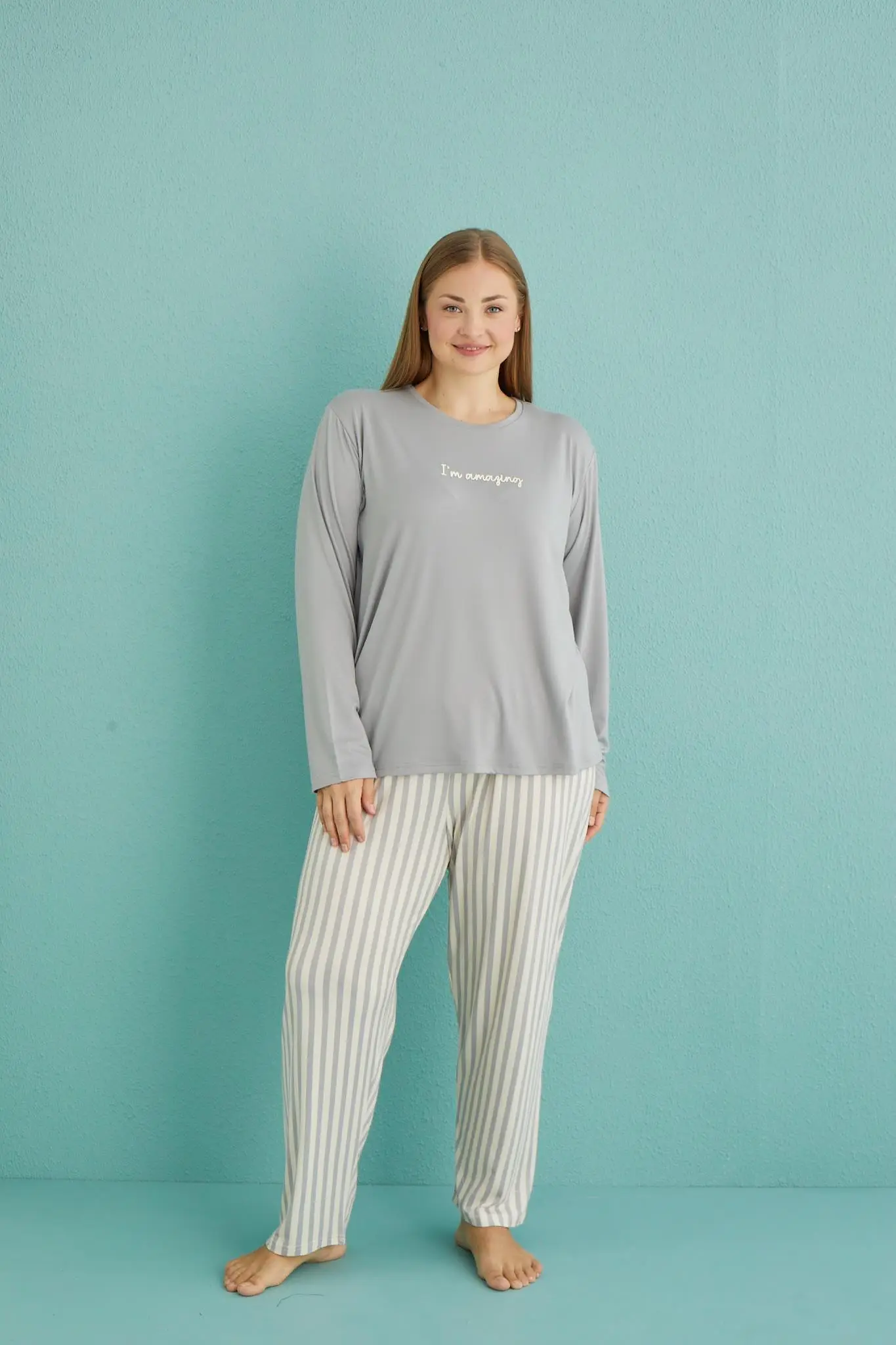 Gd Goldoremi 50802-19 Büyük Beden Kadın Amazing Milan Kumaş Pijama Takım - GRİ