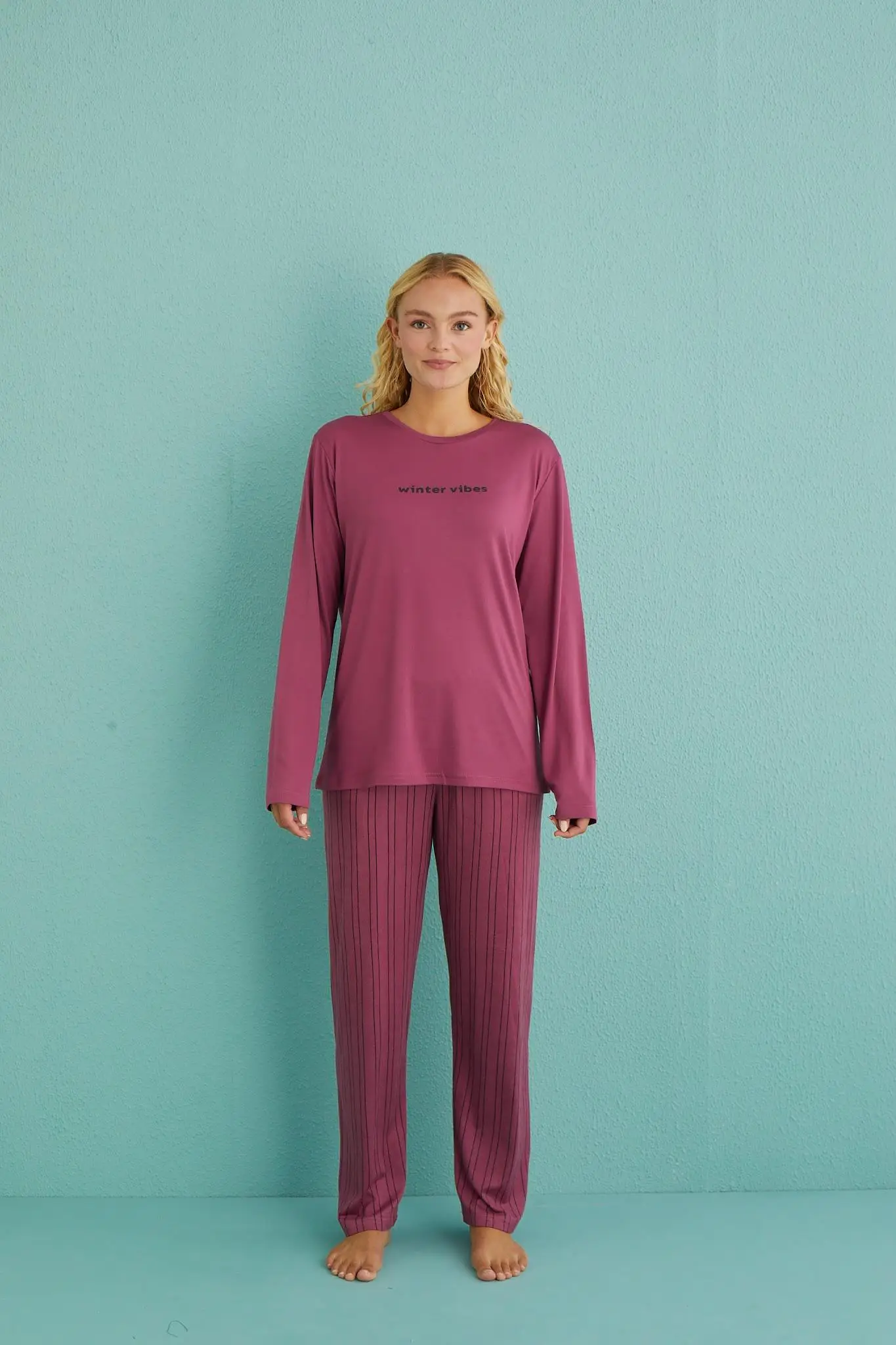 Gd Goldoremi 50902-40 Kadın Winter Vibes Milan Kumaş Uzun Kol Pijama Takımı - MÜRDÜM