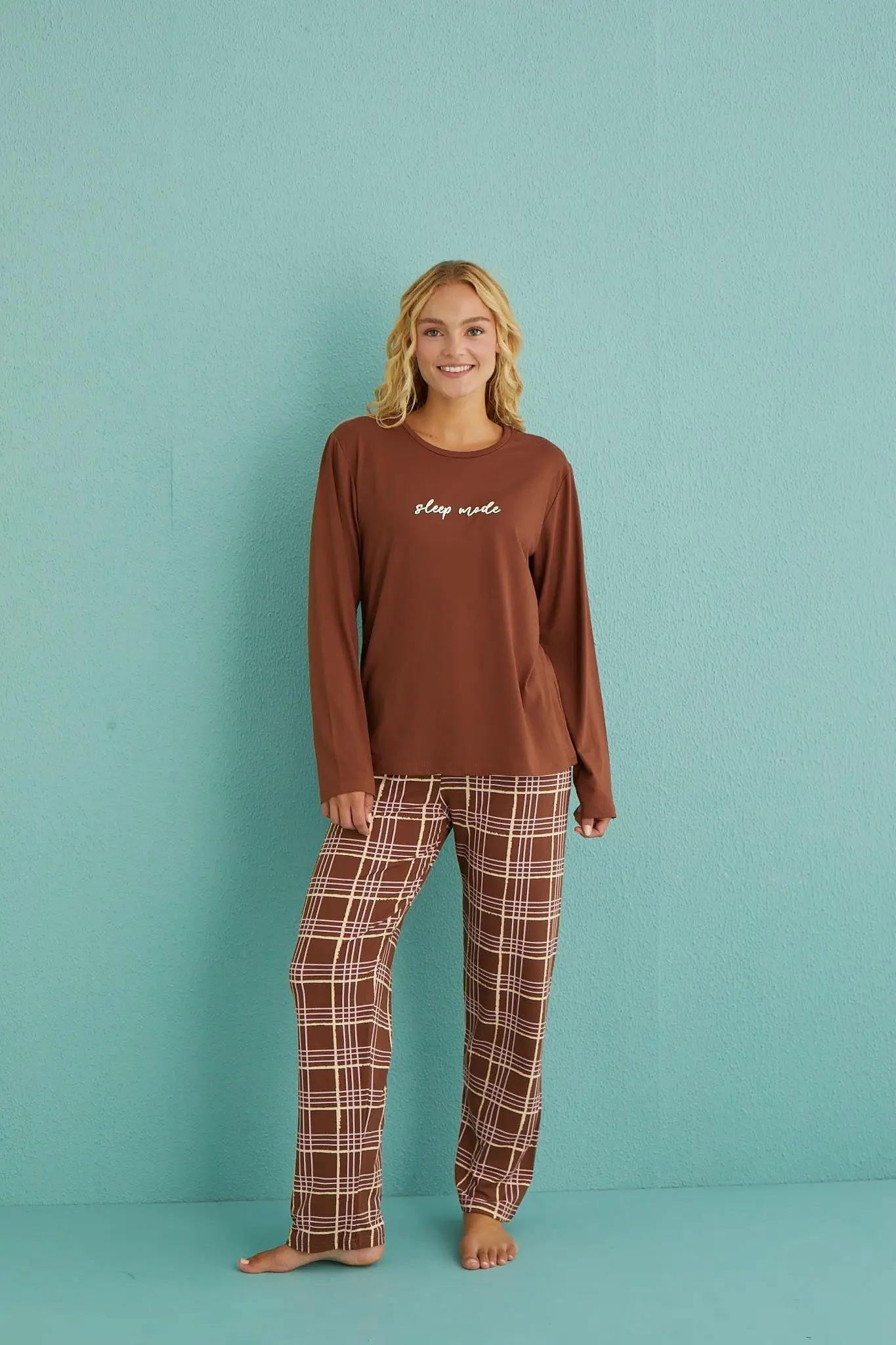 Gd Goldoremi 50902-53 Kadın Sleep Mode Ekose Uzun Kollu Pijama Takım - KAHVERENGİ