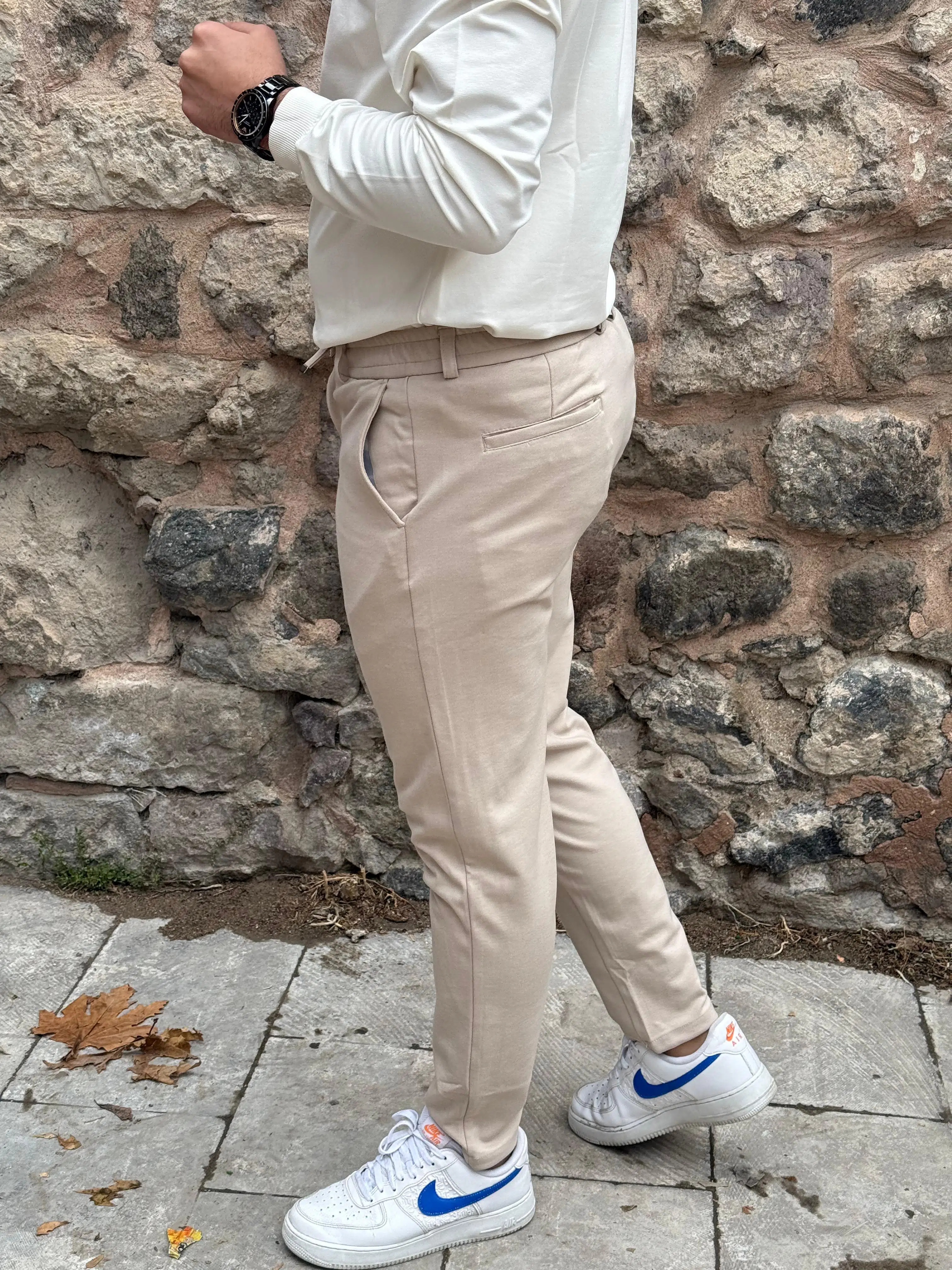 Gd Goldoremi 6649 Erkek Likralı Slim Fit Beli Lastikli İpli Çelik Kumaş Rahat Jogger - BEJ