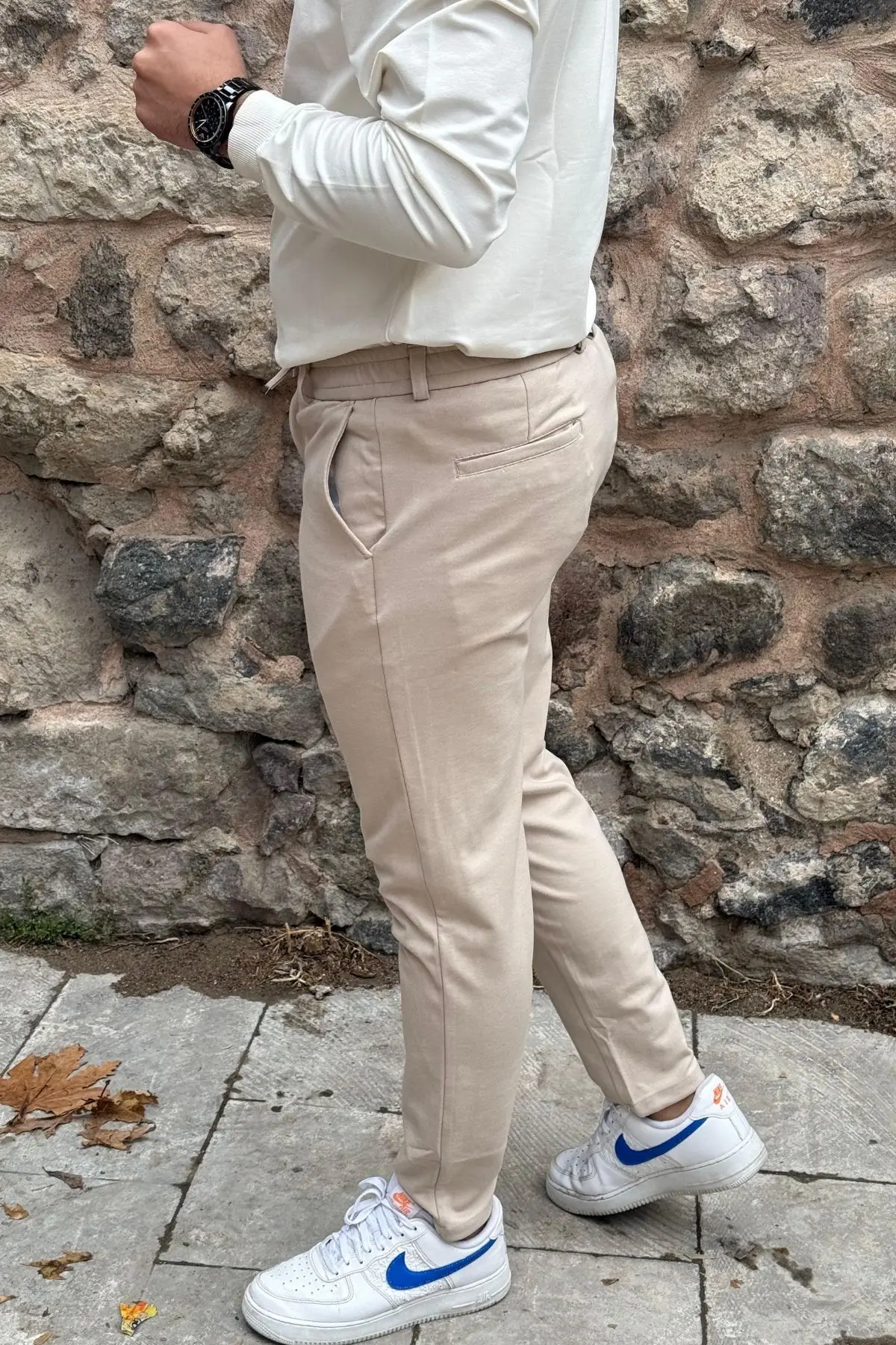 Gd Goldoremi 6649 Erkek Likralı Slim Fit Beli Lastikli İpli Çelik Kumaş Rahat Jogger - BEJ