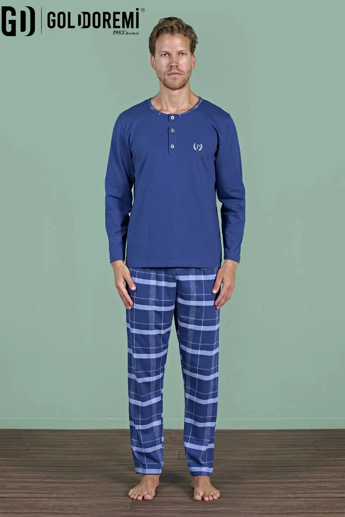 Gd Goldoremi Erkek Düğmeli Yaka Ekoseli Uzun Kollu Pijama Takım