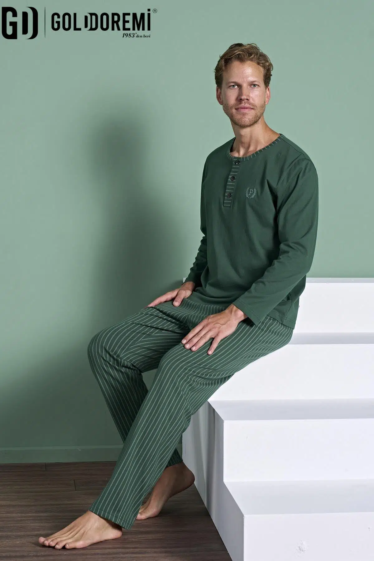 Gd Goldoremi Erkek Düğmeli Yaka Şerit Detaylı Düğmeli Yaka Uzun Kollu Pijama Takım