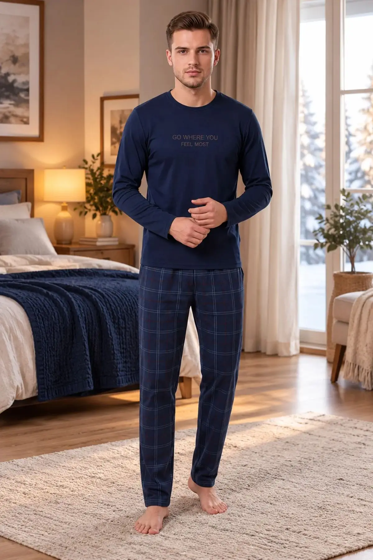 Gd Goldoremi Erkek Likralı Termal Sıcak Tutan Kumaş Uzun Kollu Lacivert Pijama Takımı