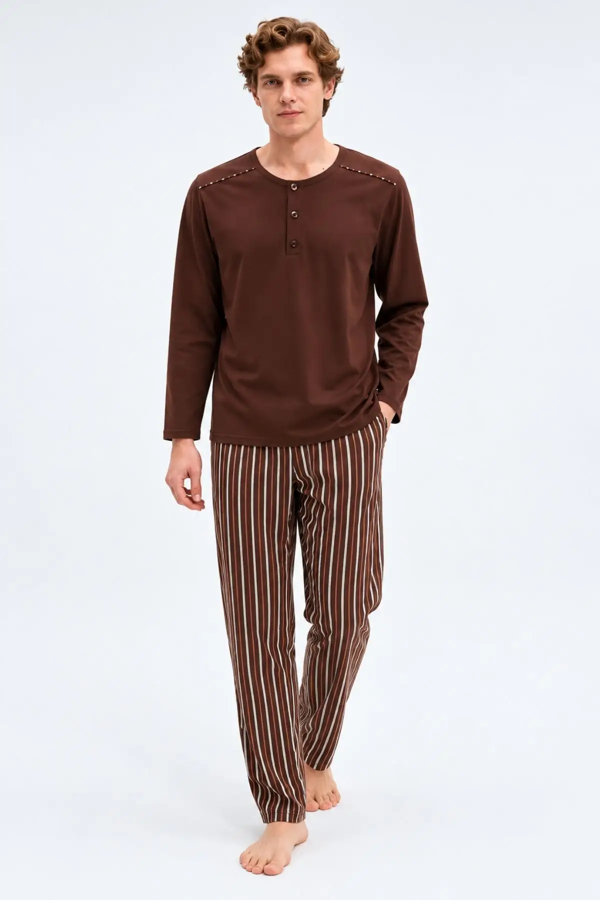 Gd Goldoremi Erkek Premium %100 Pamuklu Çizgili Rahat Kalıp Uzun Kollu Pijama Takım