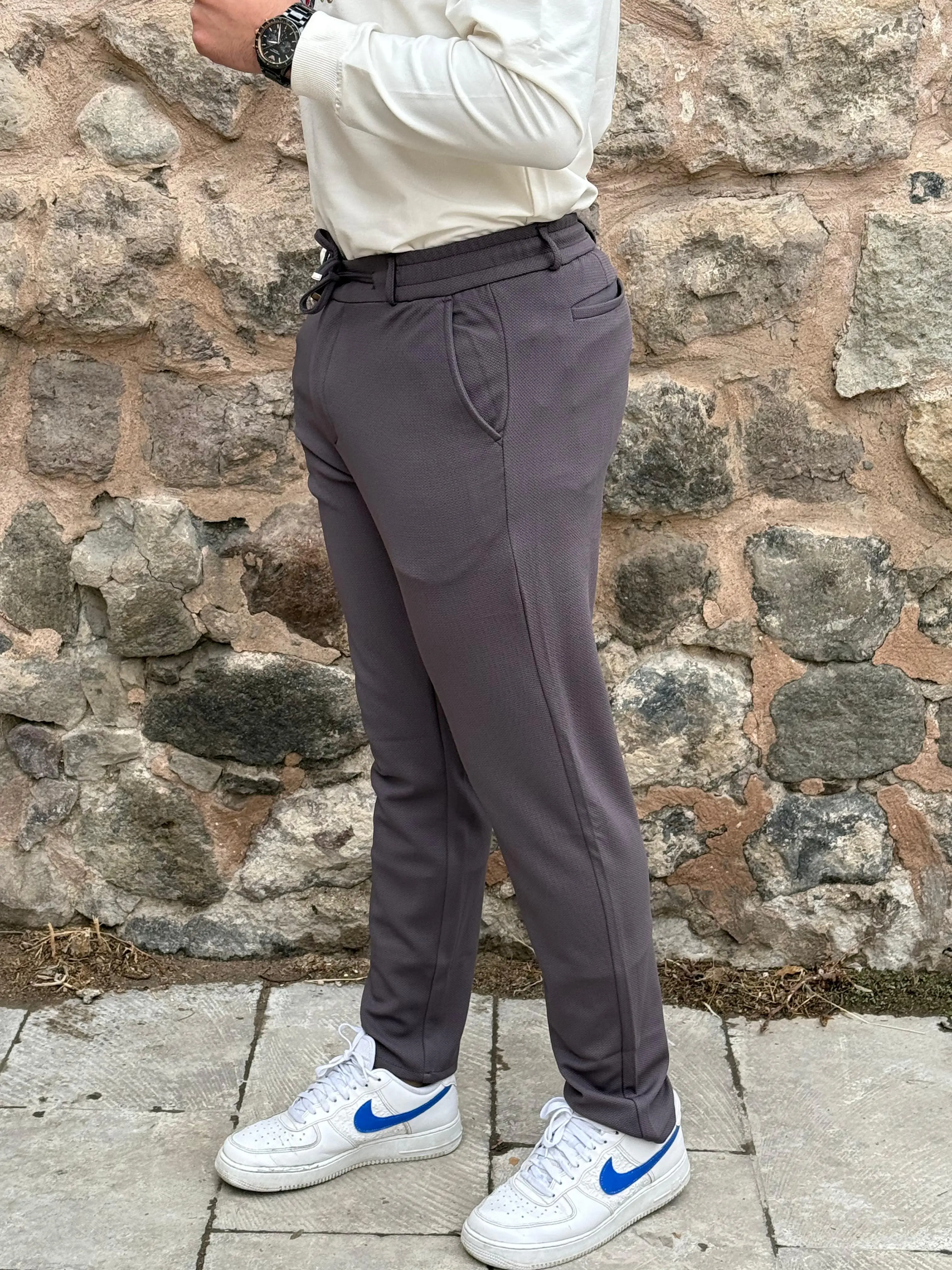 Gd Goldoremi Erkek Slim Fit Beli Lastikli İpli Fermuarlı Likralı Ascoli Kumaş Rahat Jogger - ANTRASİT