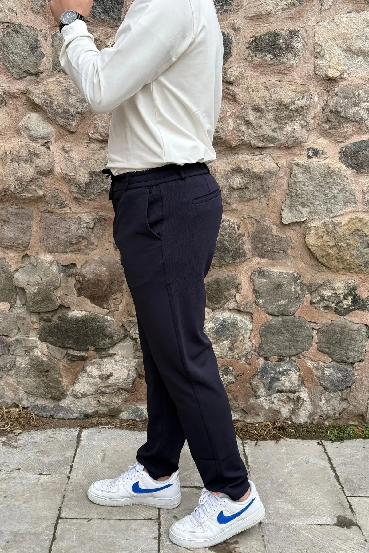 Gd Goldoremi Erkek Slim Fit Beli Lastikli İpli Fermuarlı Likralı Ascoli Kumaş Rahat Jogger - LACİVERT