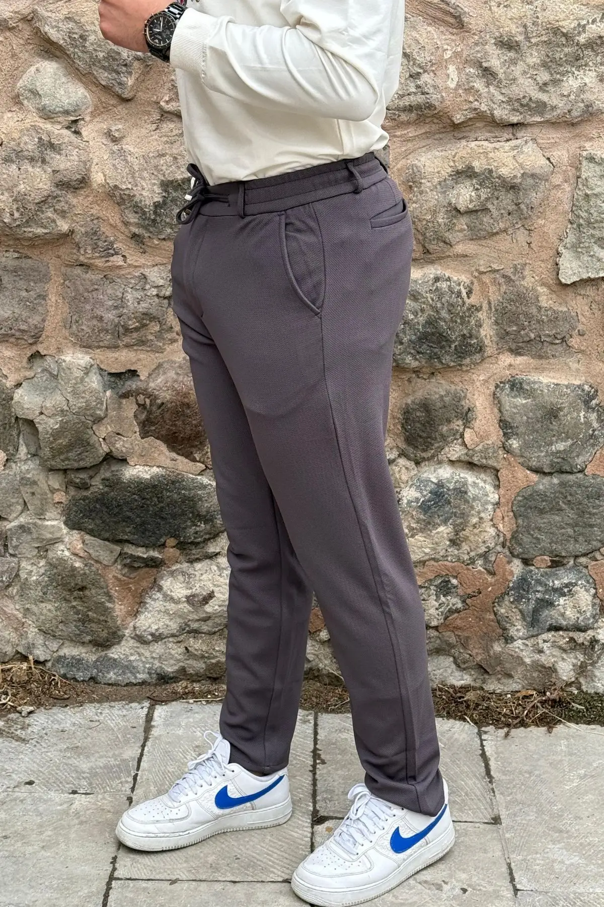 Gd Goldoremi Erkek Slim Fit Beli Lastikli İpli Fermuarlı Likralı Ascoli Kumaş Rahat Jogger - ANTRASİT