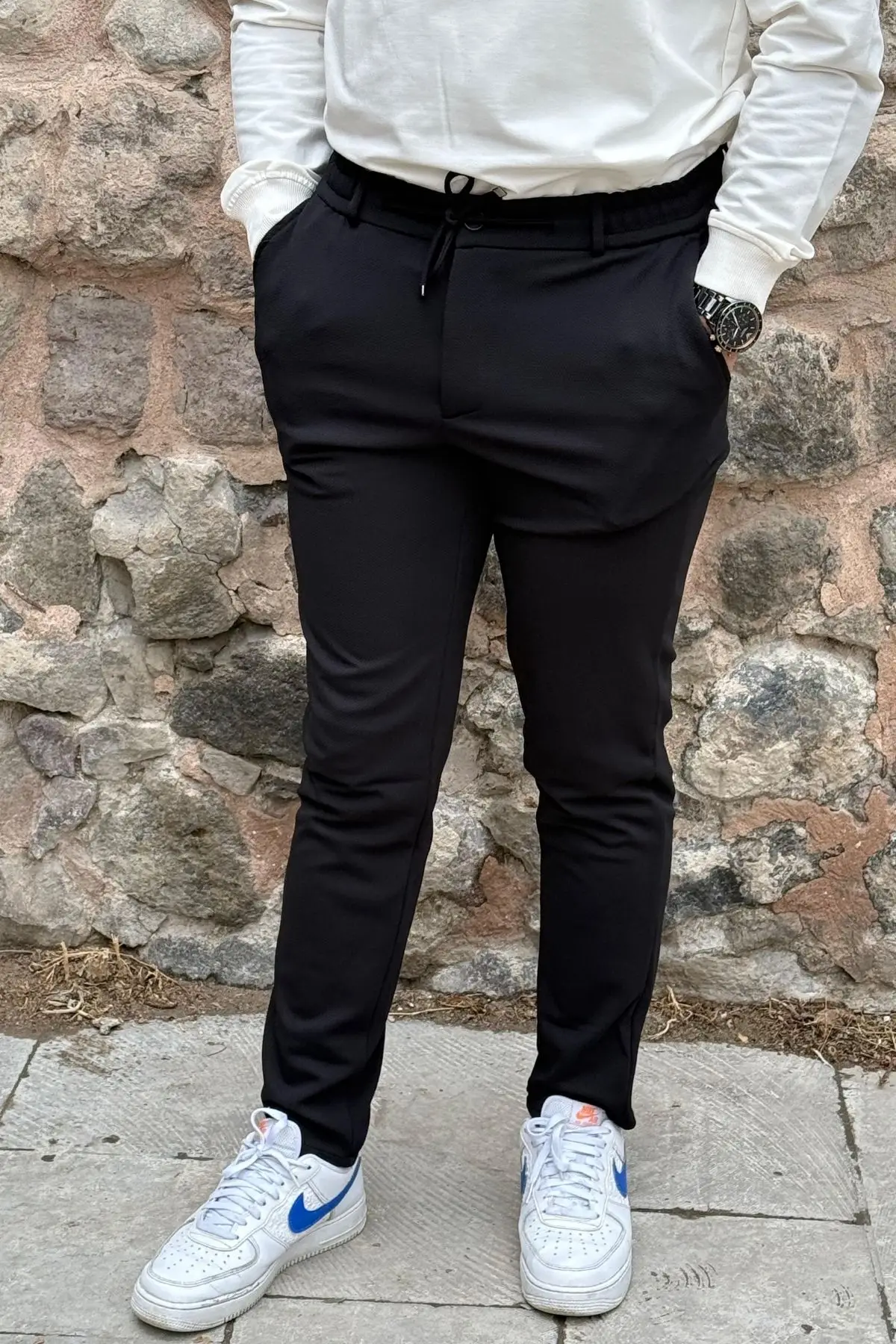 Gd Goldoremi Erkek Slim Fit Beli Lastikli İpli Fermuarlı Likralı Ascoli Kumaş Rahat Jogger - SİYAH