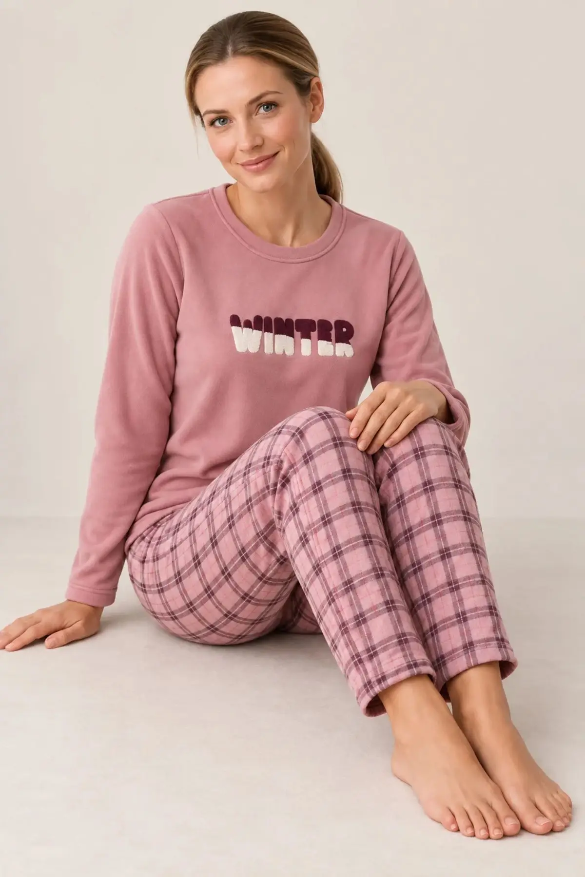 Gd Goldoremi Kadın Ekose Desen Likralı Termal Rahat Kumaş Gül Uzun Kollu Pijama Takımı