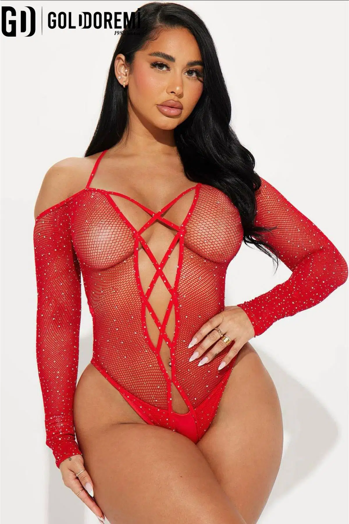 Gd Goldoremi Kadın Kırmızı Fileli Taşlı Vücut Çorabı