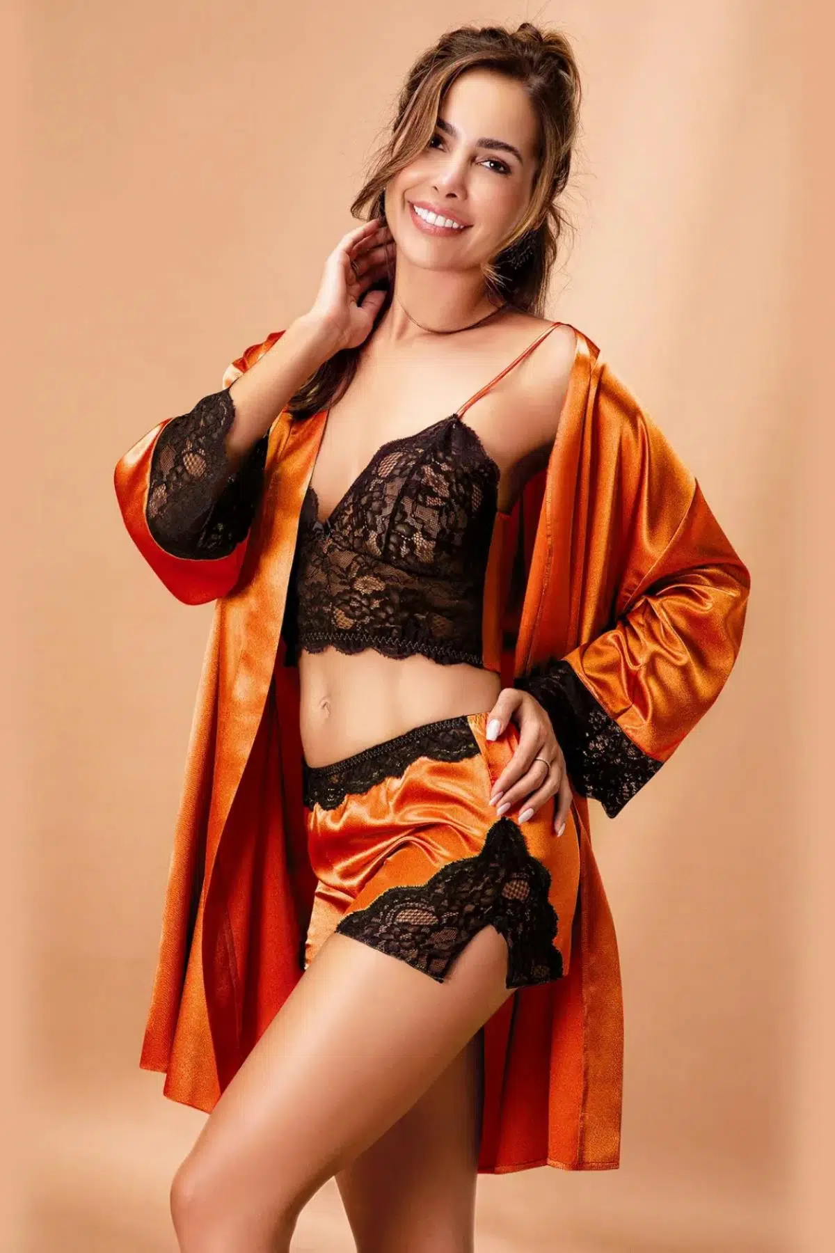 Gd Goldoremi Kadın Sabahlıklı Büstiyerli Şortlu Kimono 3'lü Pijama Takım