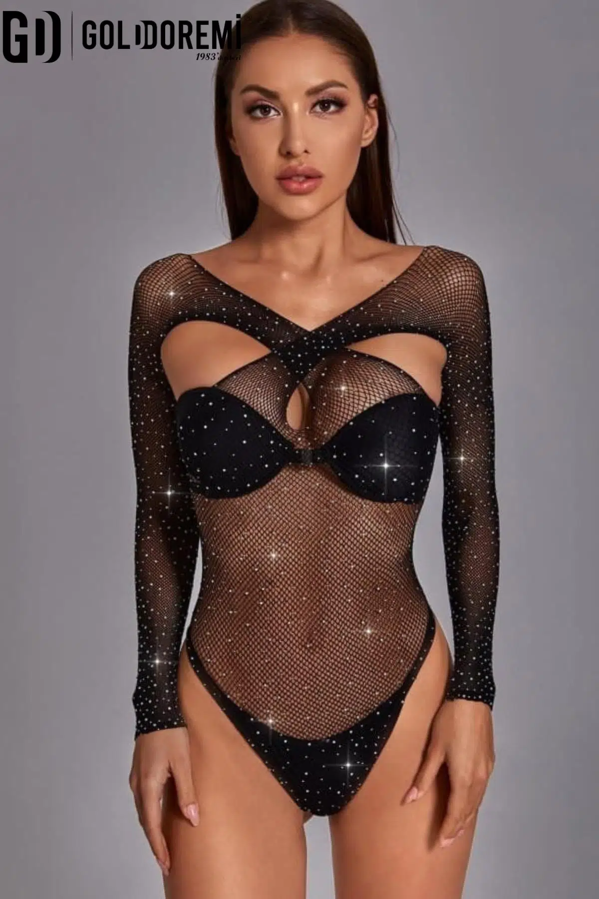 Gd Goldoremi Kadın Siyah File Çapraz Göğüs Detaylı Taş İşlemeli Vücut Çorabı