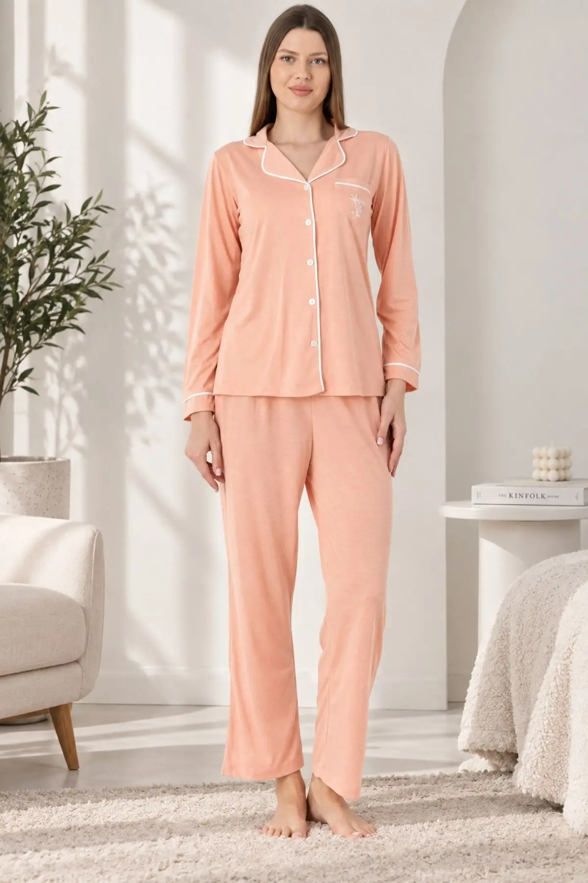 Gd Goldoremi Premium Boydan Düğmeli Rahat Örme Kumaş Uzun Kol Pijama Takımı