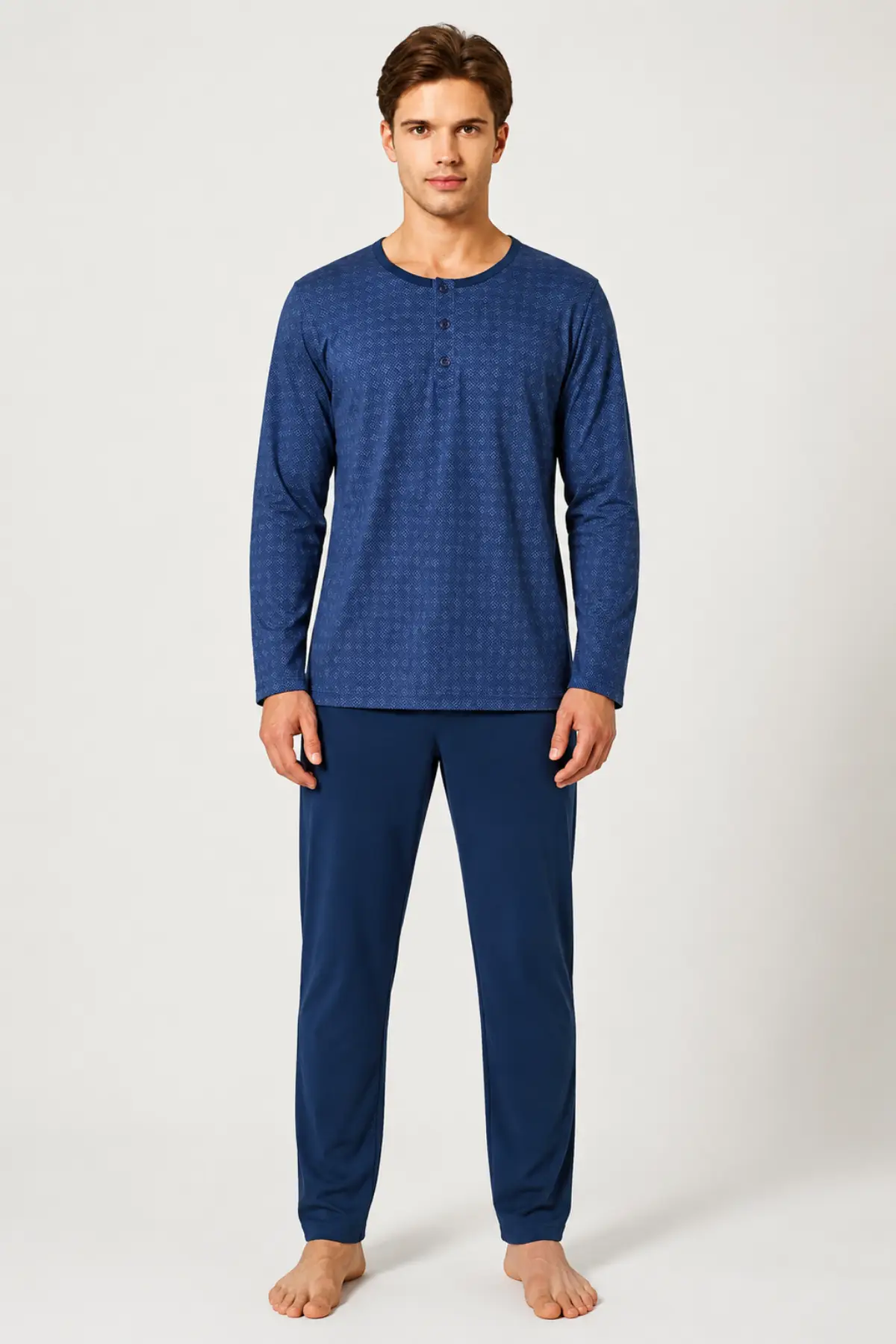 Gd Goldoremi Premium Erkek Büyük Beden Rahat Kalıp %100 Pamuklu Desenli Uzun Kollu Pijama Takım