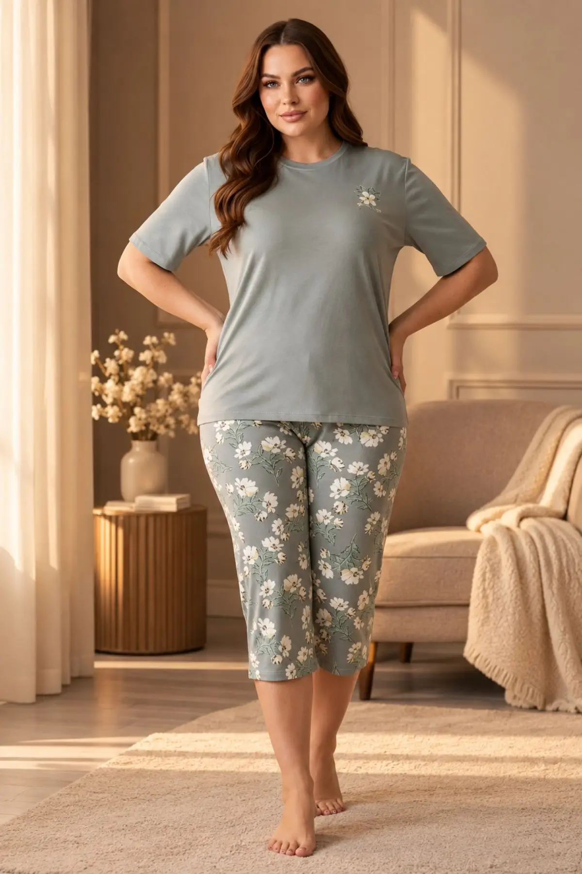 Gd Goldoremi Premium Kadın Büyük Beden Kısa Kollu Likralı Açık Yeşil Rahat Kapri Pijama Takım