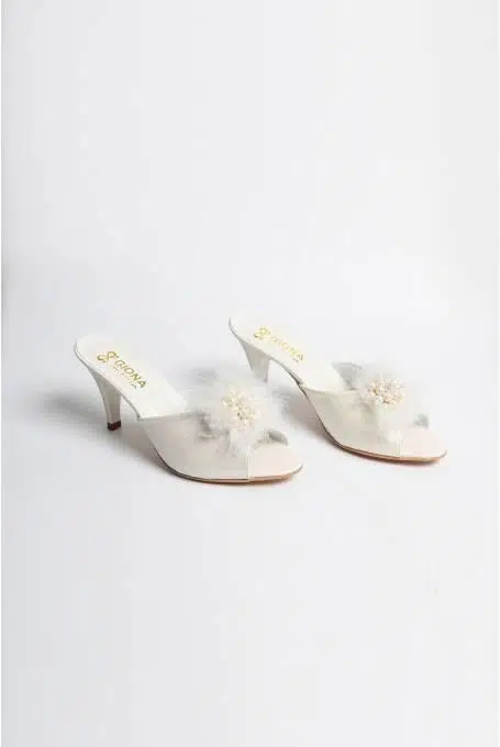 Giona 502 Kadın Topuklu Tüylü Gelin Çeyiz Terliği - EKRU