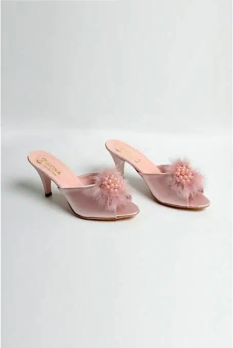 Giona 502 Kadın Topuklu Tüylü Gelin Çeyiz Terliği - PUDRA