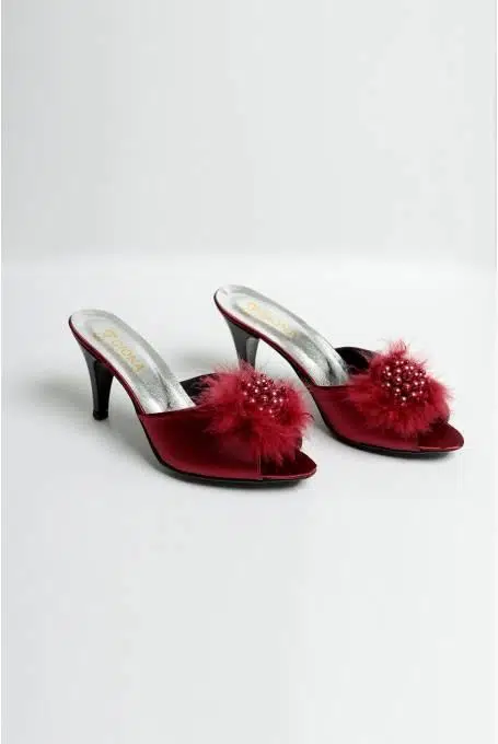 Giona 502 Kadın Topuklu Tüylü Gelin Çeyiz Terliği - BORDO