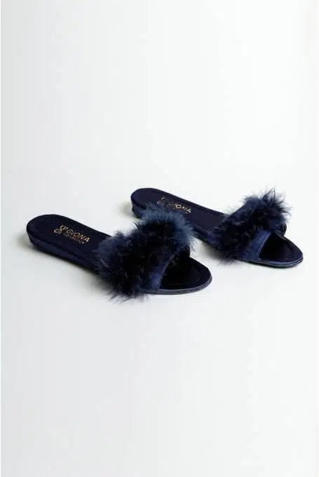 Giona 707 Kadın Tüylü Gelin Terliği - LACİVERT